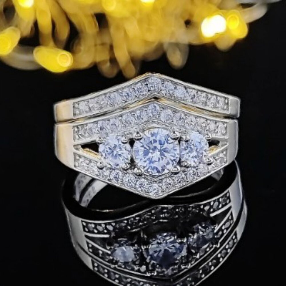 "2 Pcs 925 Sterling Silver Plated Retro Carved Luxury Fashion Ringset, U